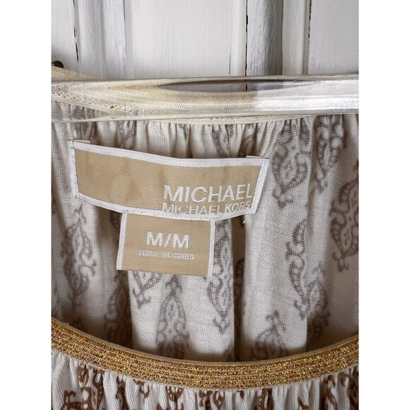 Michael Kors Gold Geometric Print Top Gold Neckline Trim, Size M - Picture 4 of 16